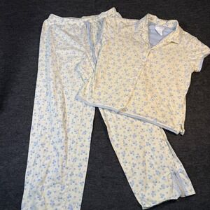 Aria Womens Pajama Set Medium Yellow Floral Blue Gingham 100% Cotton 2 Piece